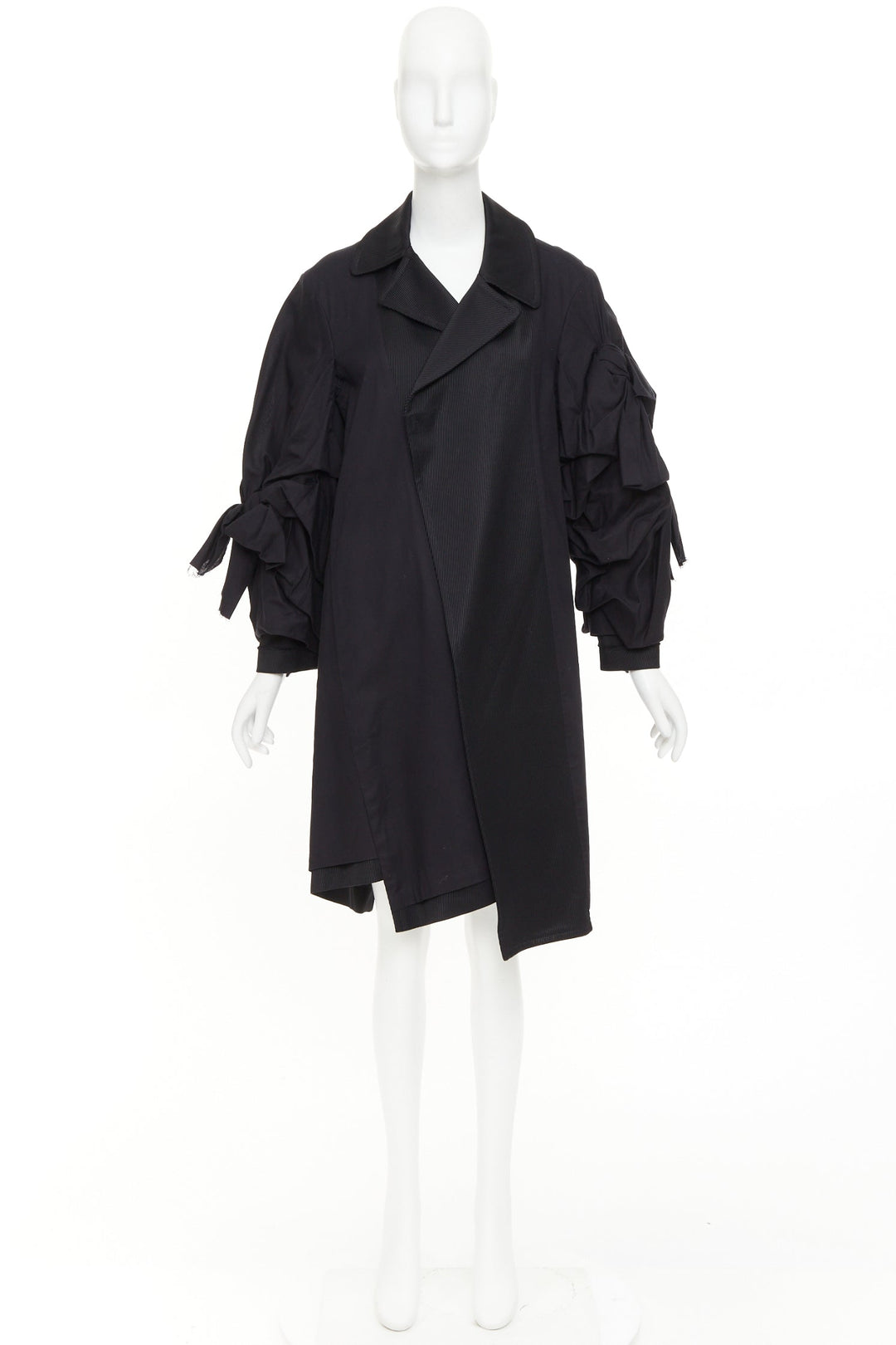 COMME DES GARCONS 2021 black twill cotton ruffled bow sleeve asymmetric coat S