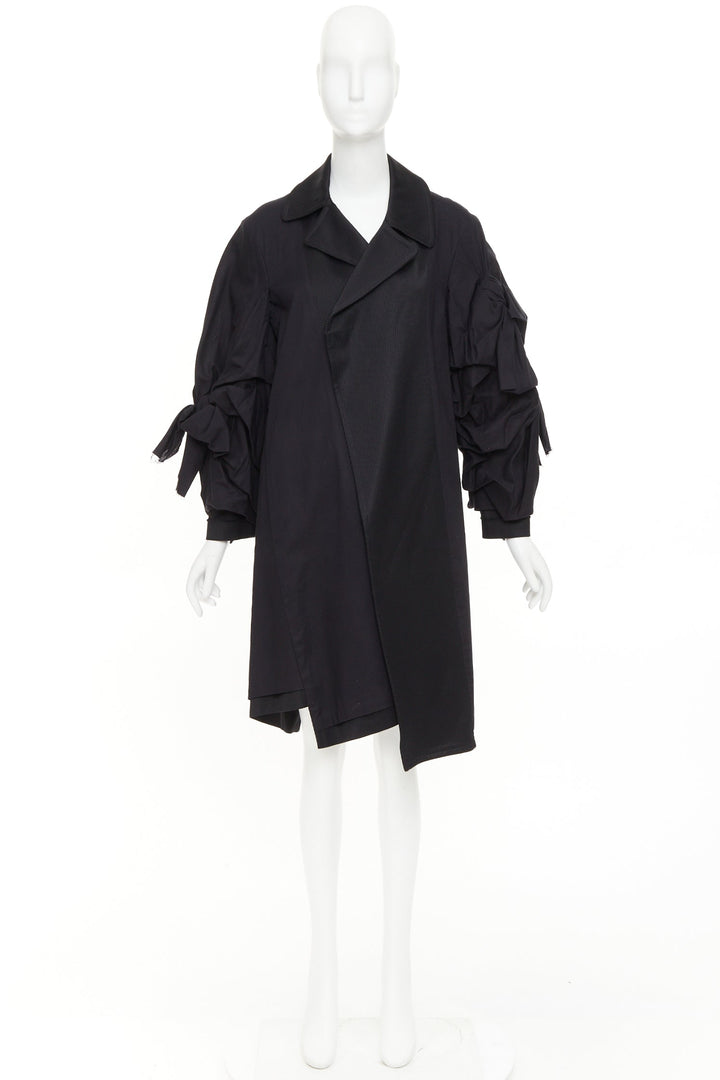 COMME DES GARCONS 2021 black twill cotton ruffled bow sleeve asymmetric coat S