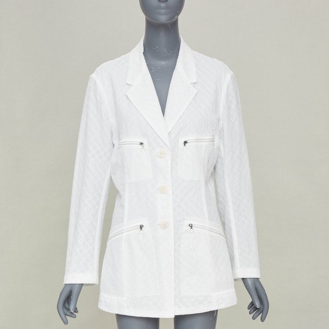 ISSEY MIYAKE Vintage white lattice grid stitch zippered pocket cotton jacket L