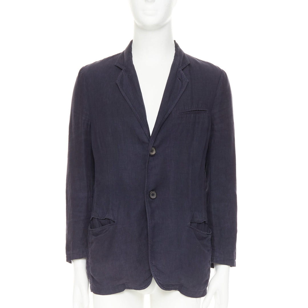 GIORGIO ARMANI navy washed linen cotton  unstructured casual blazer IT46 S