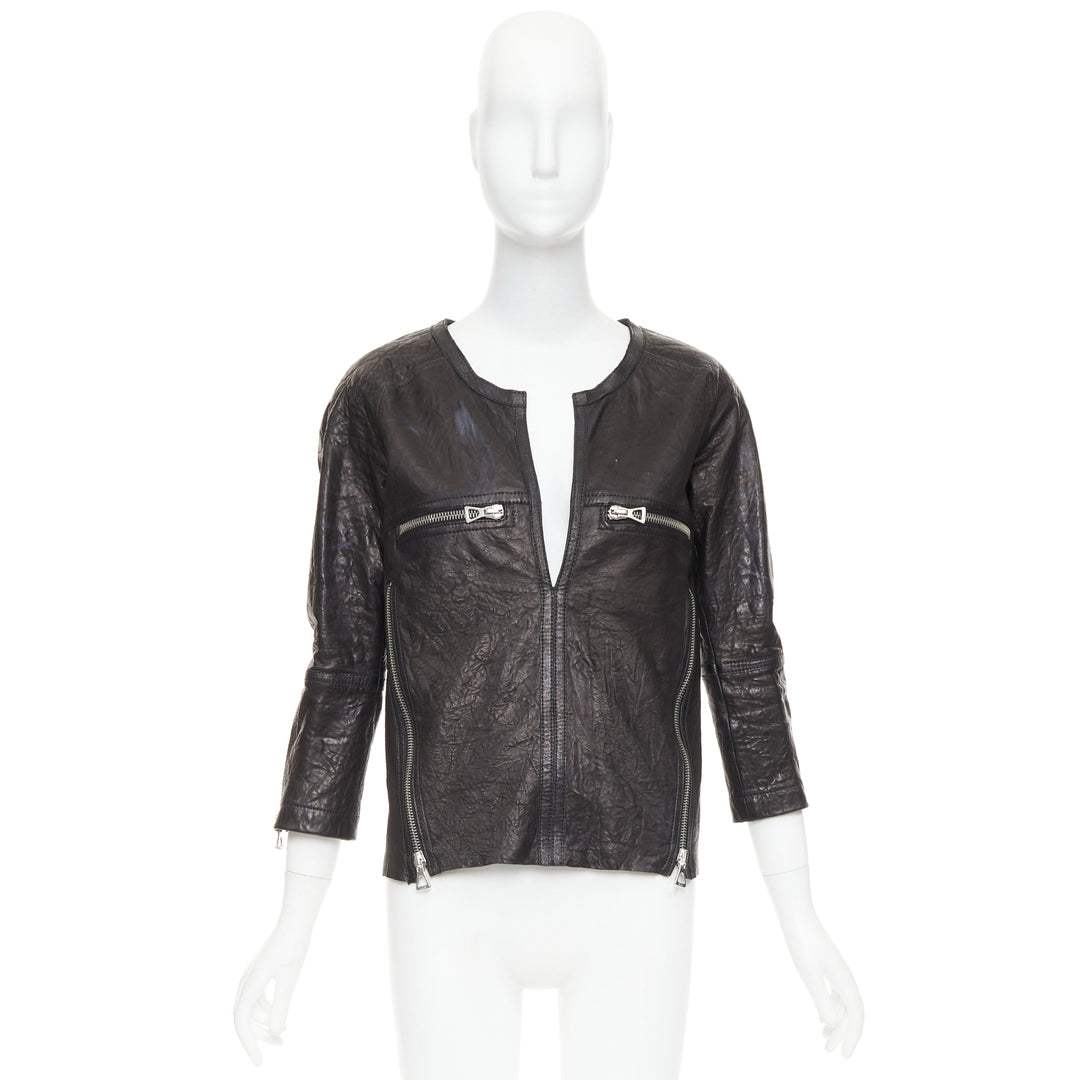 ISABEL MARANT black crinkled leather biker zip pullover jacket FR1 S