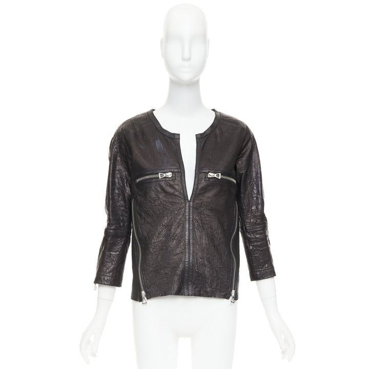 ISABEL MARANT black crinkled leather biker zip pullover jacket FR1 S