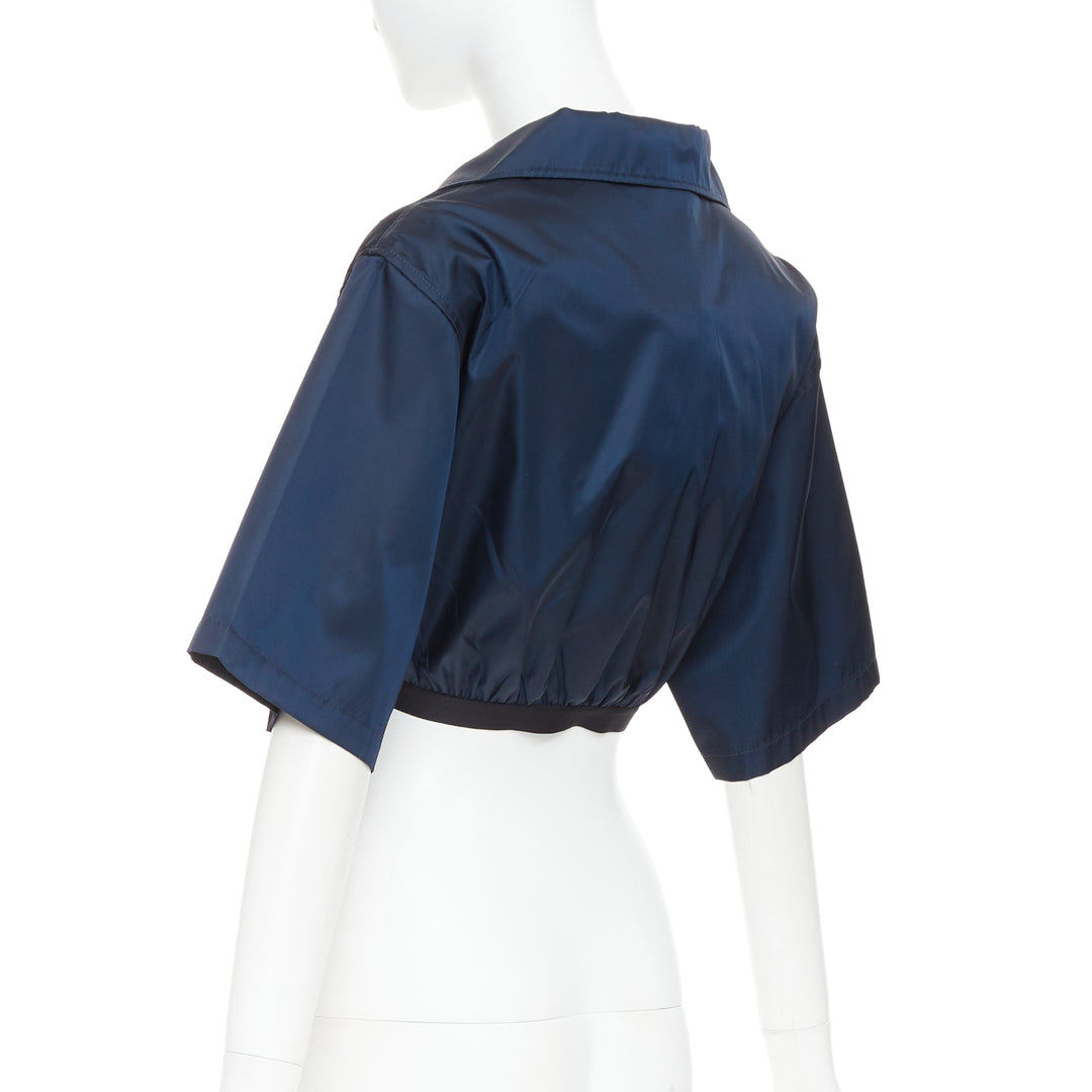 PRADA 2022 Re-Nylon navy blue white logo cropped boxy shirt IT38 XS
