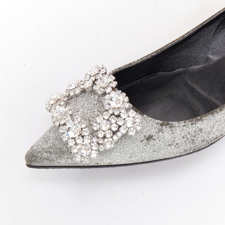 ROGER VIVIER silver glitter crystal buckle pointy toe ballerina flats EU37