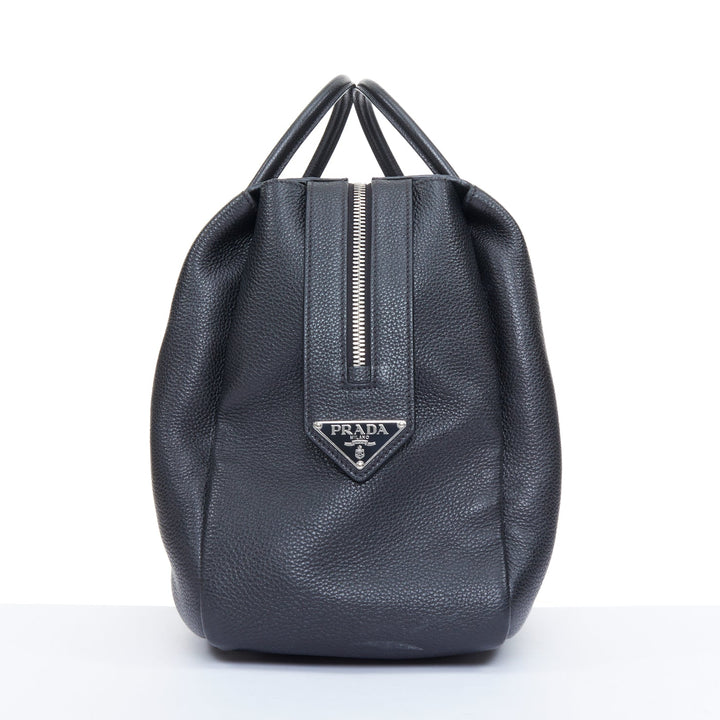 PRADA Vitello Daino metal logo black pebbled calfskin travel weekender tote bag
