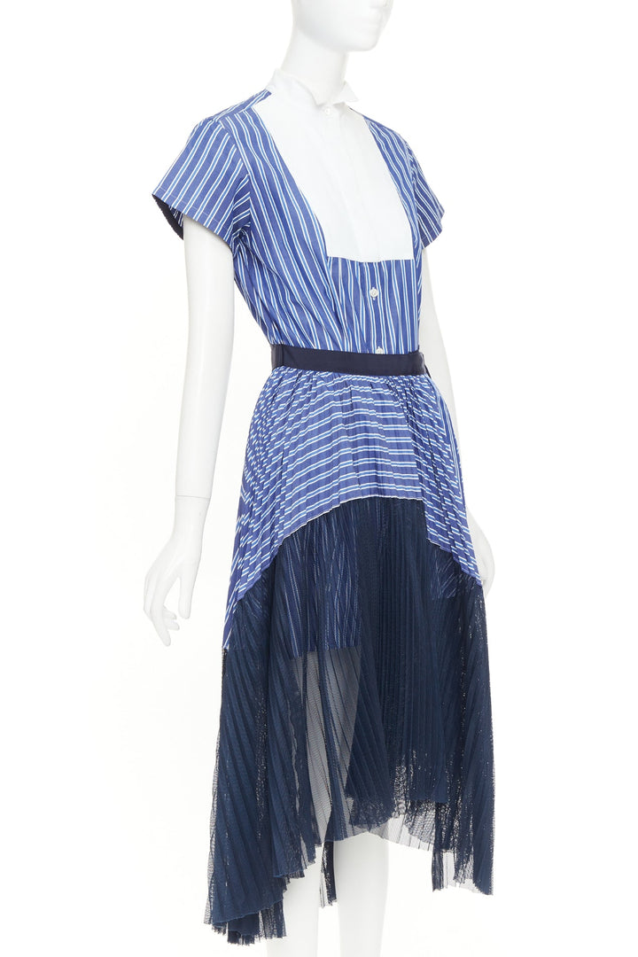 SACAI 2018 blue white navy striped bib front pleated mesh hem hybrid dress JP1 S