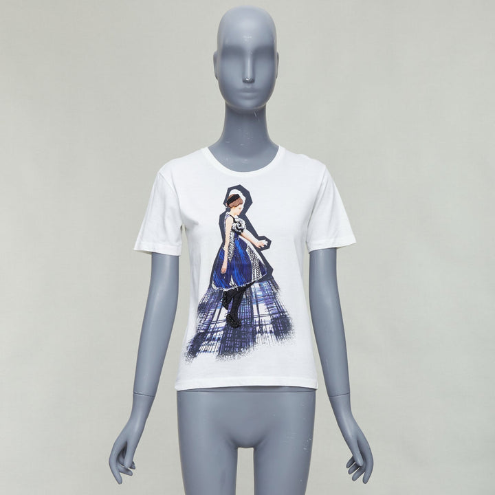 PRADA 2010 blue black runway model applique cream cotton tshirt S