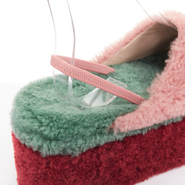 FENDI colorblock pink red green genuine shearling platform slingback mules EU36