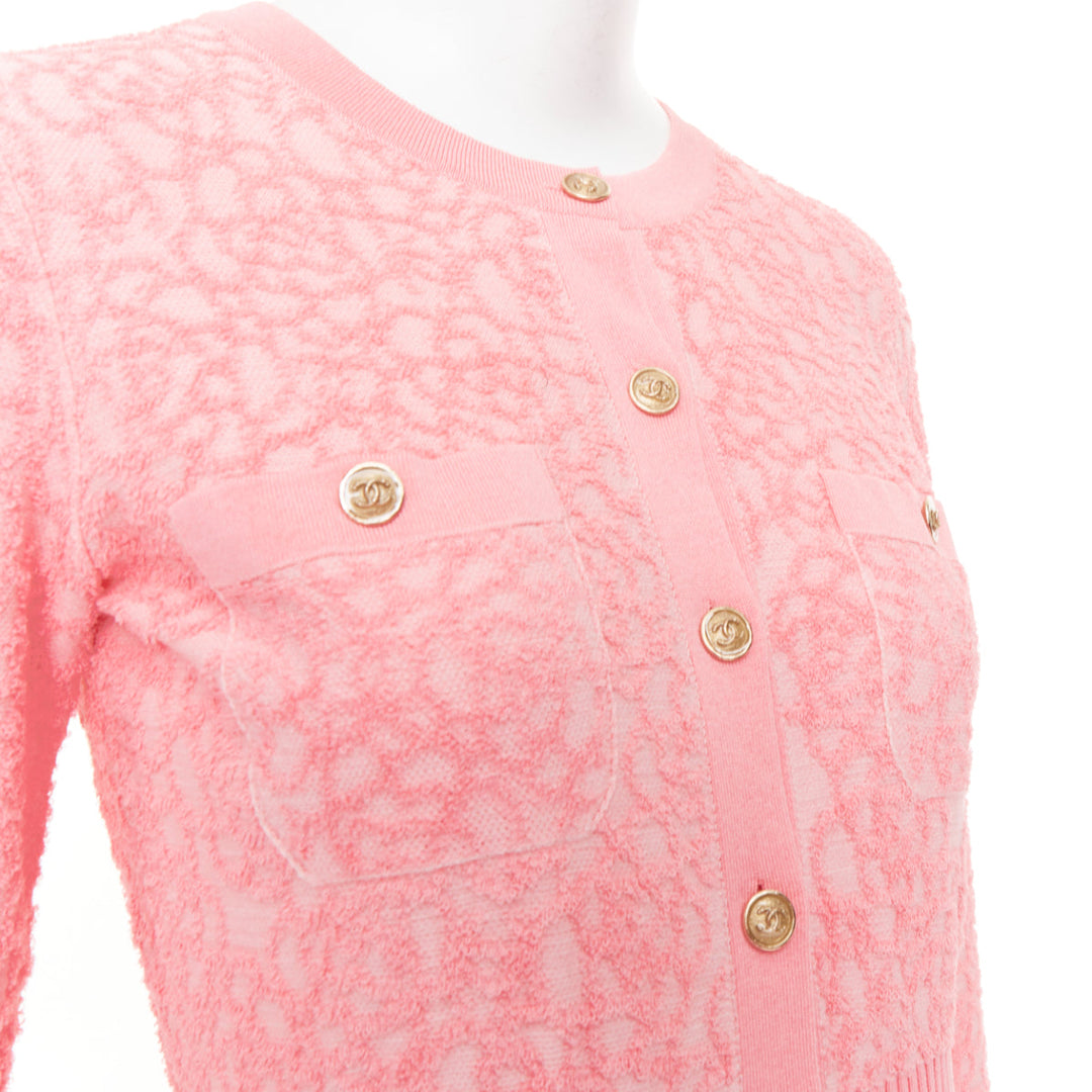 CHANEL 21C light pink embossed camelia boucle intarsia knit mini dress FR36 S