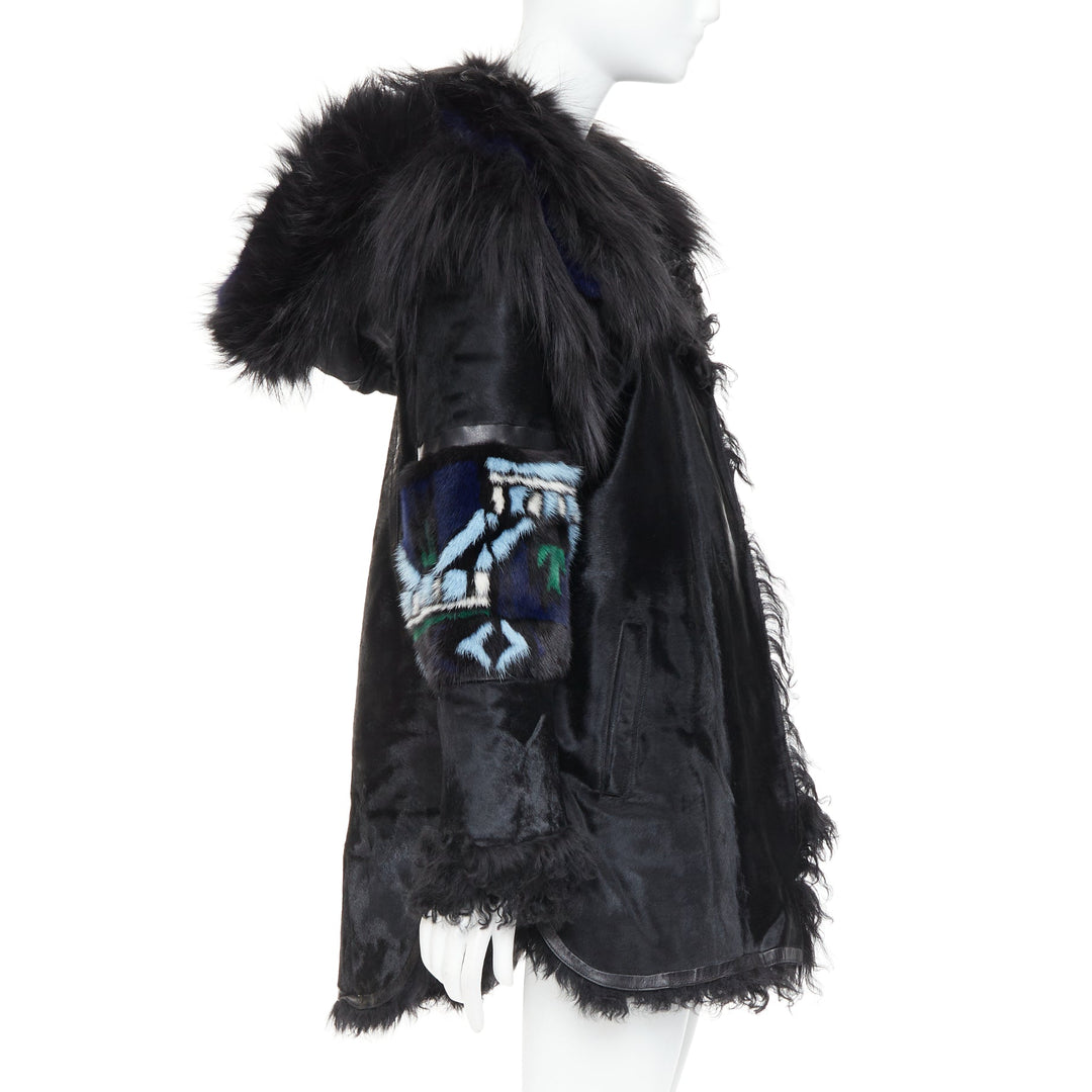 EMILIO PUCCI Vintage ethnic black calf mixed shearling raccoon fur coat IT40 S