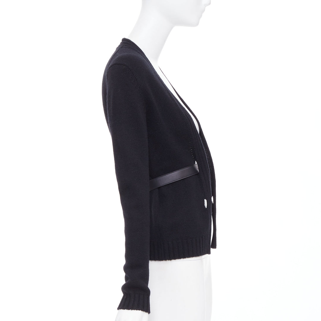 HERMES black 100% cashmere lambskin leather belted knit cardigan FR34 XS