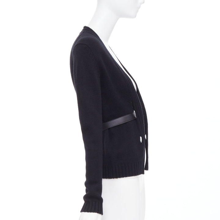 HERMES black 100% cashmere lambskin leather belted knit cardigan FR34 XS