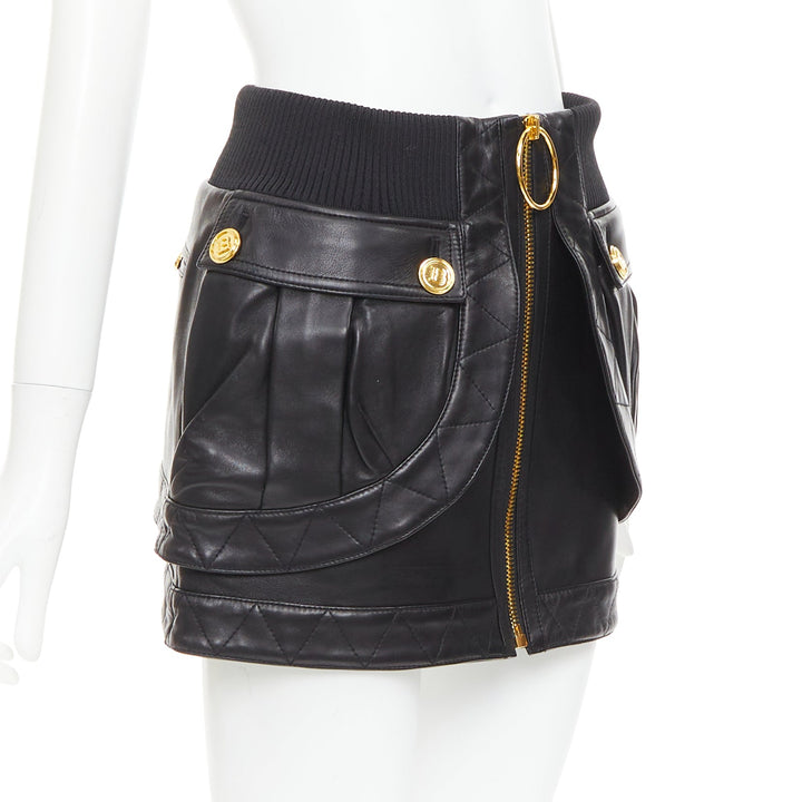 rare BALMAIN black lambskin leather gold B logo button bomber mini skirt FR34 XS