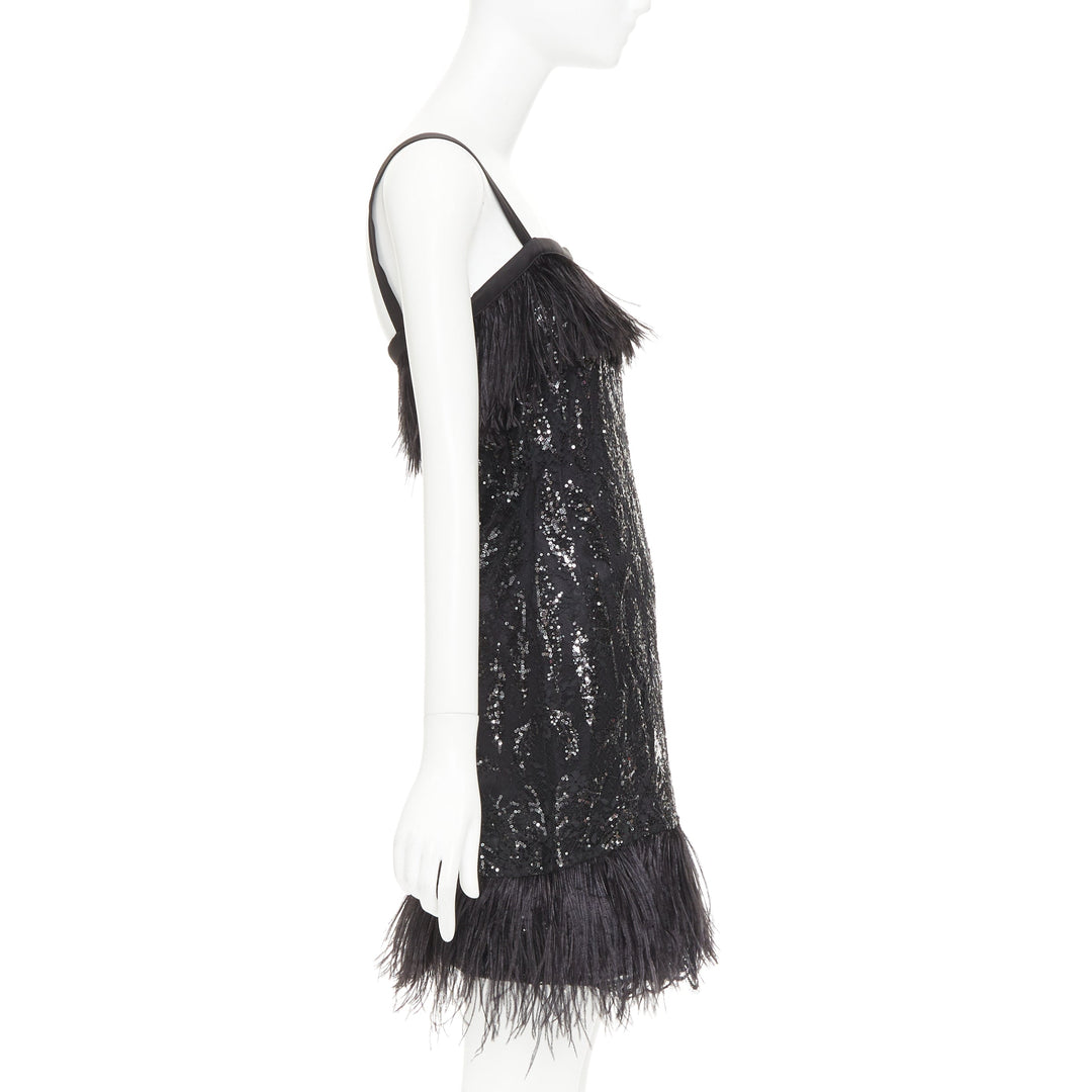 rare PRADA 2014 black sequinned lace ostrich feather strappy mini dress IT38 XS