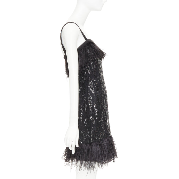rare PRADA 2014 black sequinned lace ostrich feather strappy mini dress IT38 XS