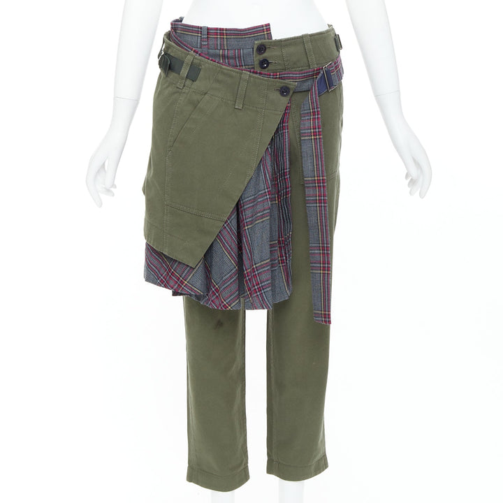 SACAI 2018 khaki cotton deconstructed check wool kilt pants JP2 M