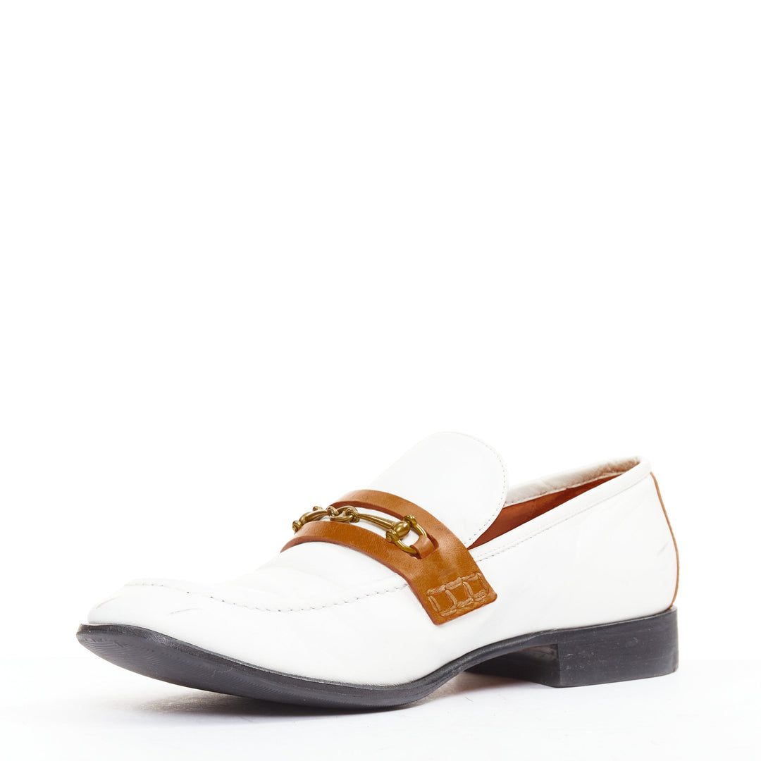 OLD CELINE Phoebe Philo white goat leather brown Triomphe horsebit loafer EU37.5