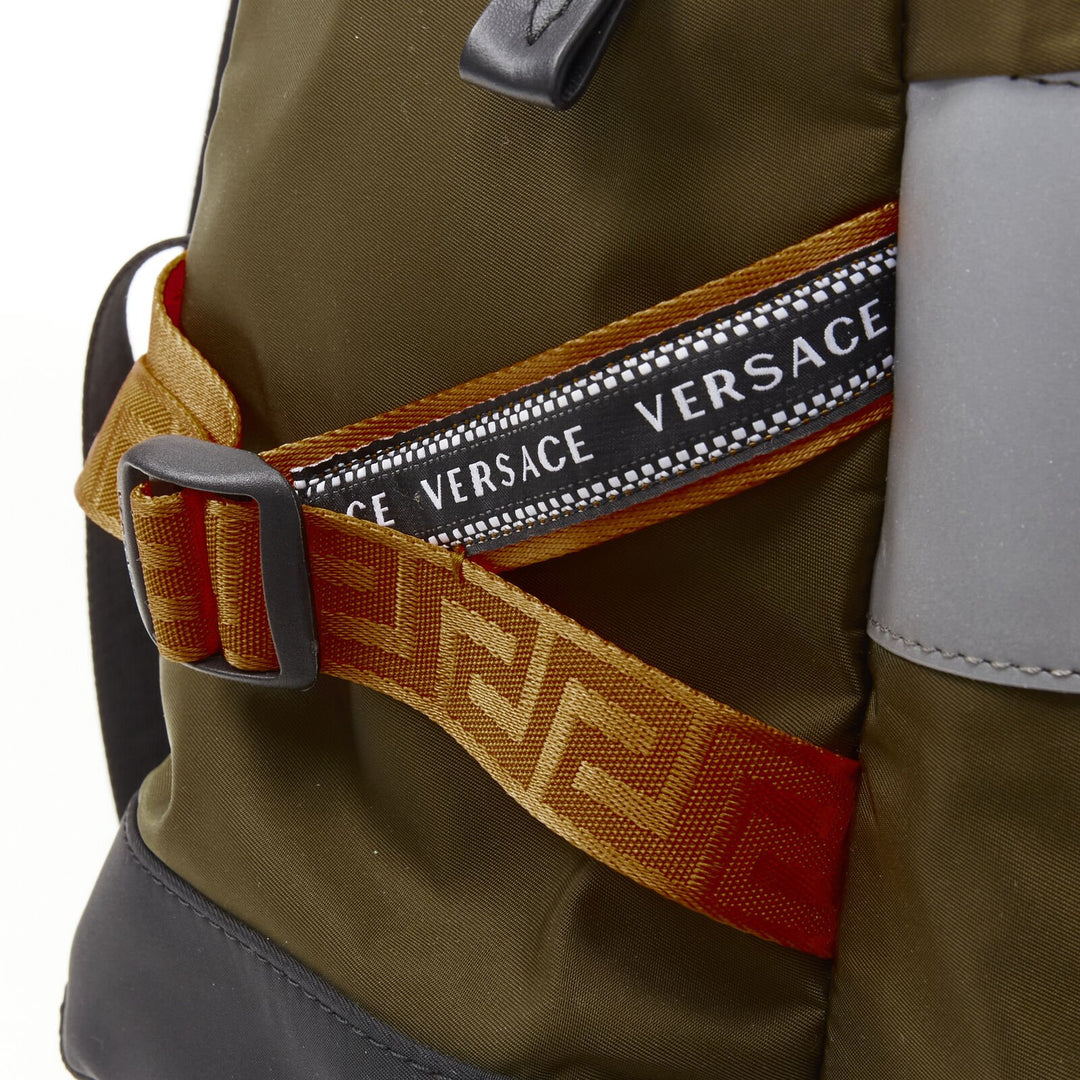 VERSACE Reflective Logo green nylon orange Greca strap backpack
