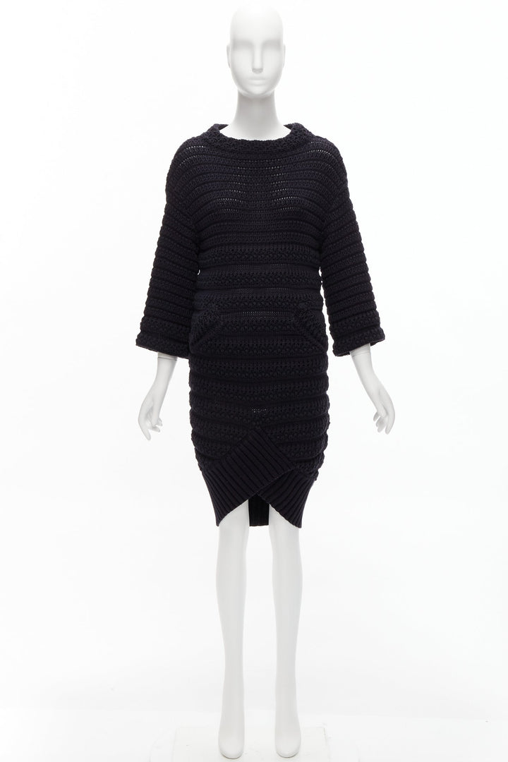 CHANEL black 100% cotton chunky knit asymmetric tulip hem sweater dress FR36 S