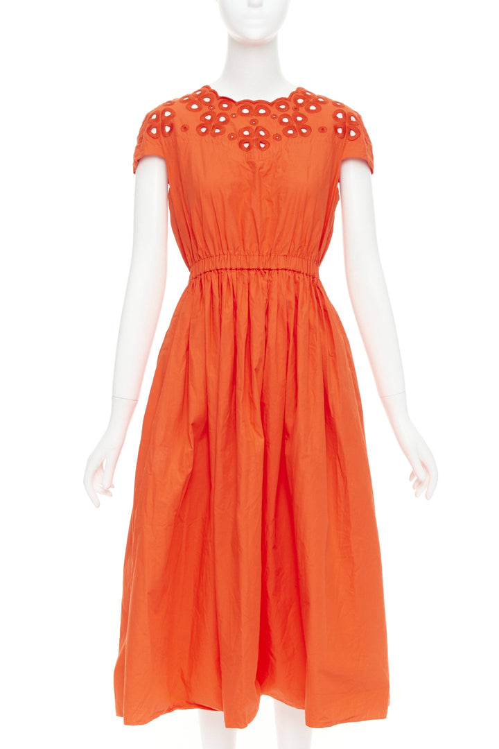 FENDI orange poplin embroidered eyelets ruched cap sleeve sundress