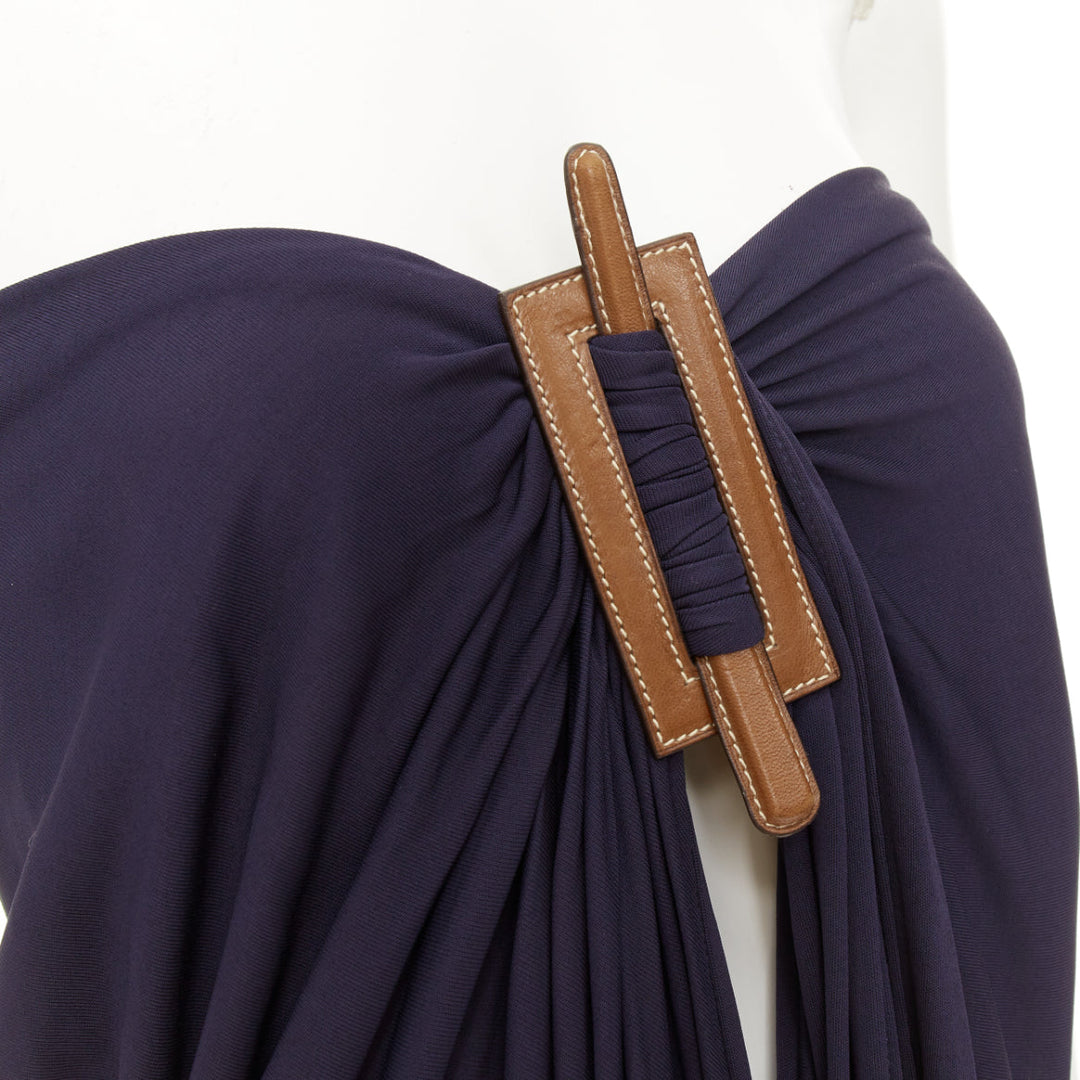 HERMES 2014 leather hardware bust navy viscose strapless gown dress FR36 S