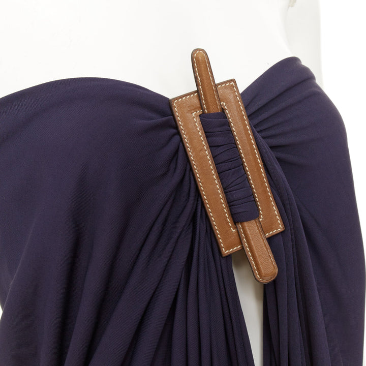 HERMES 2014 leather hardware bust navy viscose strapless gown dress FR36 S