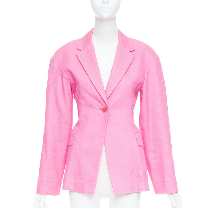 JACQUEMUS Le Splash Fresa hot pink linen twill fitted waist blazer FR36 S