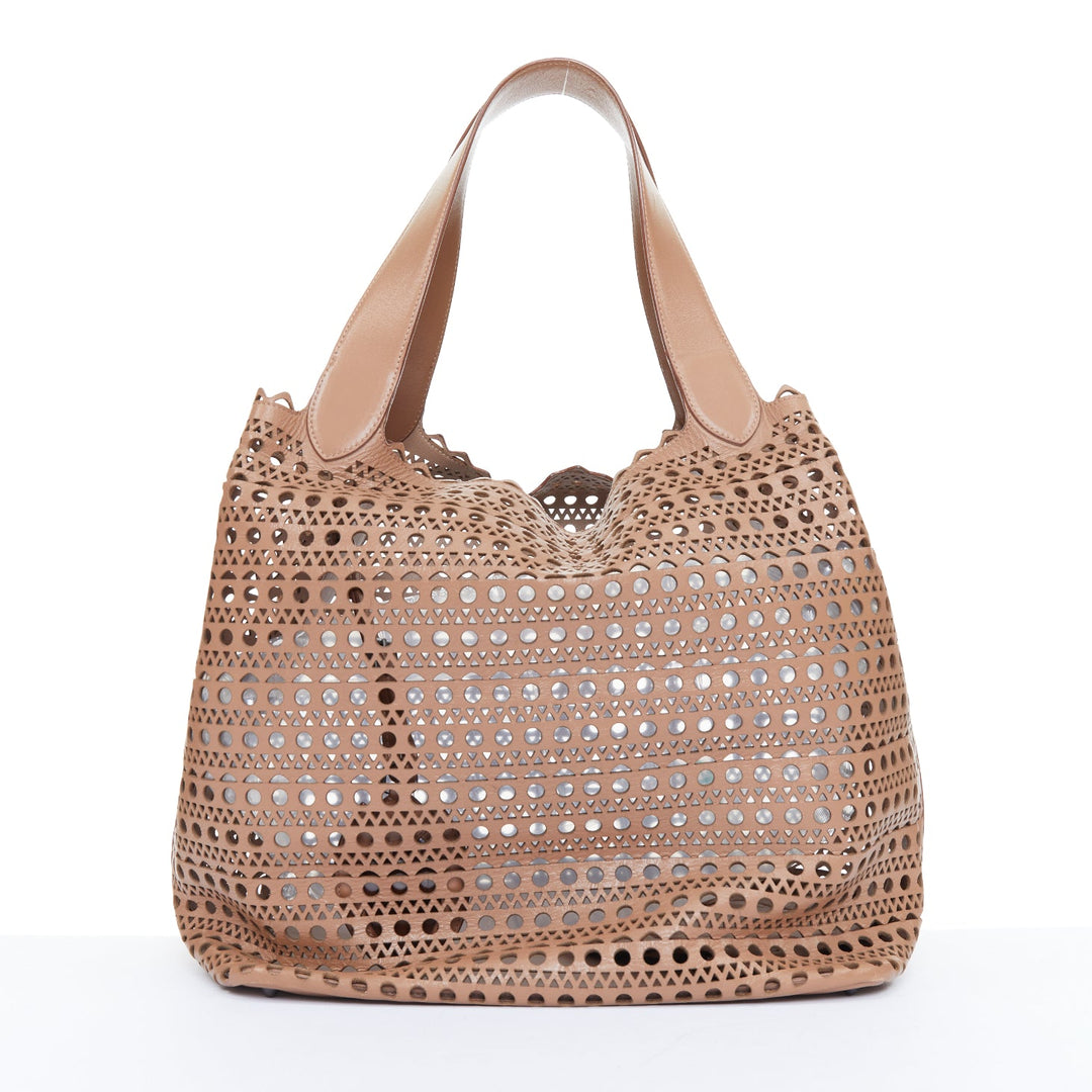 ALAIA Le Mina 32 Sable tan Vienne laser cut openwork calfskin leather tote bag