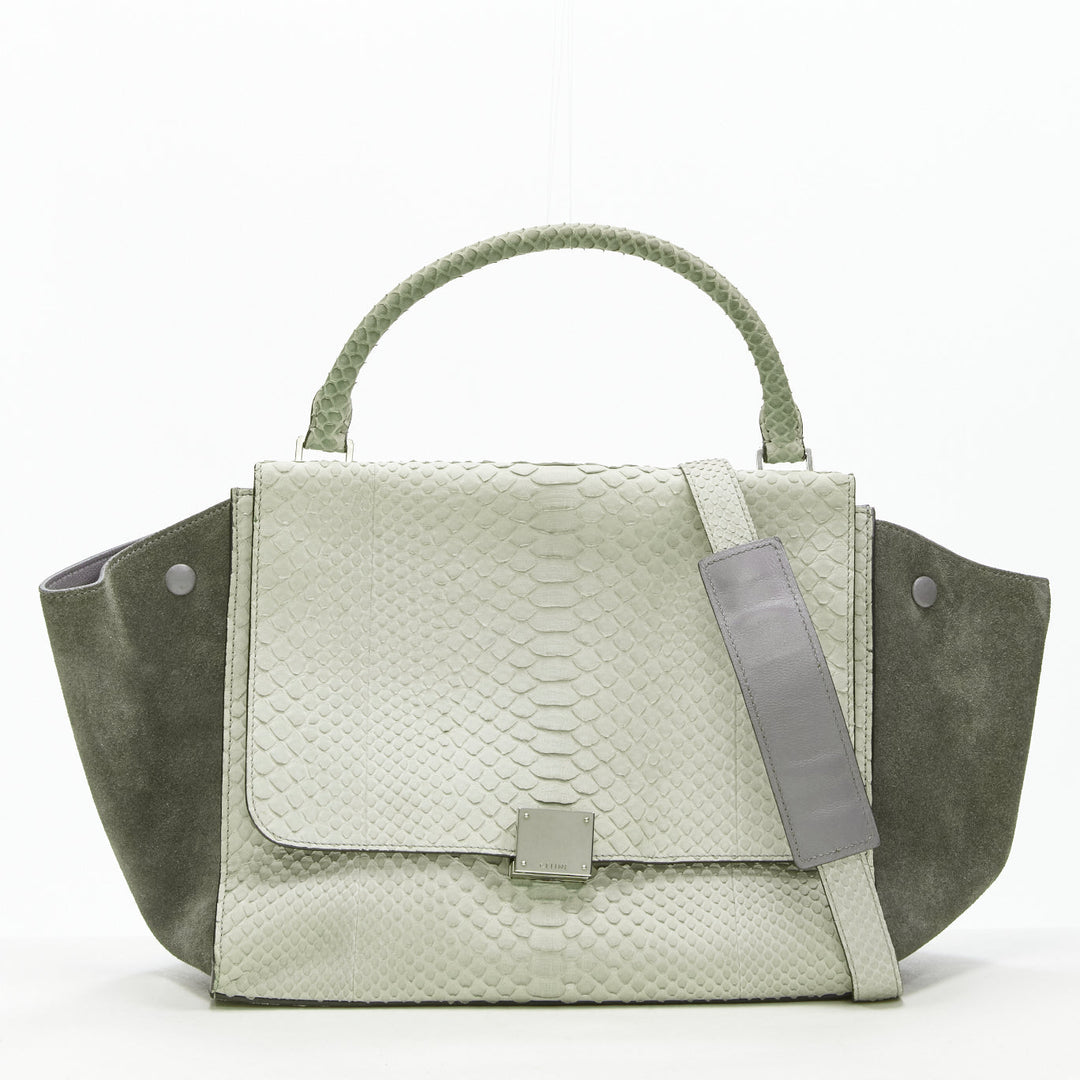 CELINE Phoebe Philo Trapeze grey scaled leather suede flared flap satchel bag