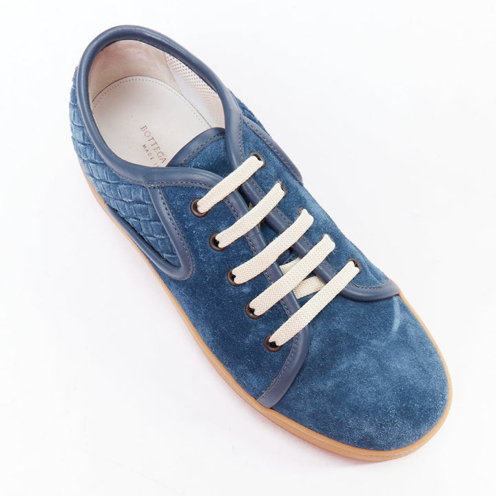 BOTTEGA VENETA blue suede intrecciato woven lace up sneakers EU39.5