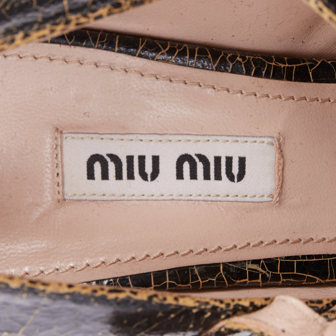 MIU MIU dark brown cracked effect leather triple strap platform heels EU37