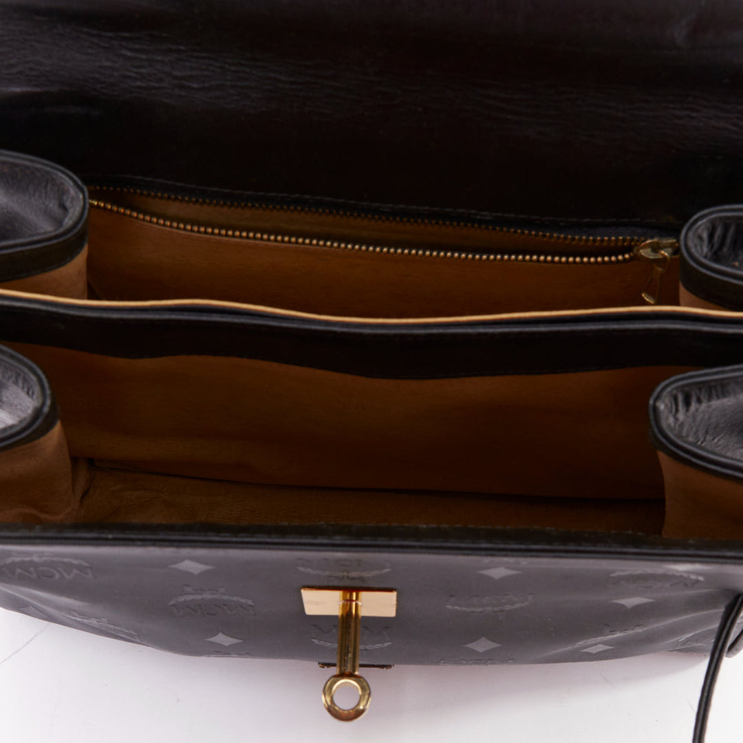 MCM Vintage Kelly black Visetos  monogram nylon leather trim GHW turnlock bag