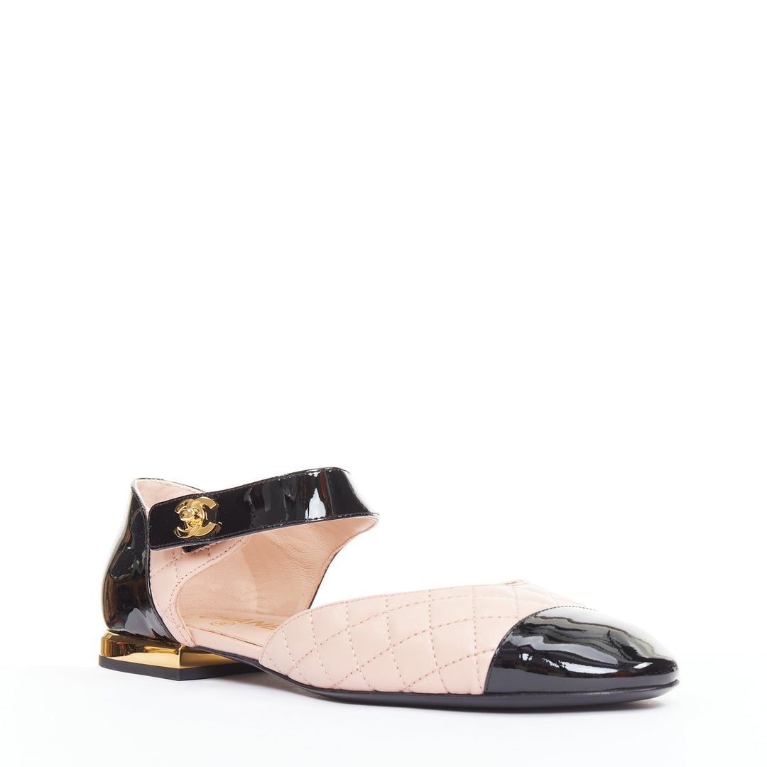 CHANEL 2022 pink quilted leather  black patent turnlock CC mary-janes EU39.5