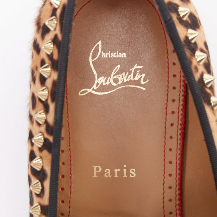 CHRISTIAN LOUBOUTIN brown leopard print ponyhair gold spike stud loafers EU43
