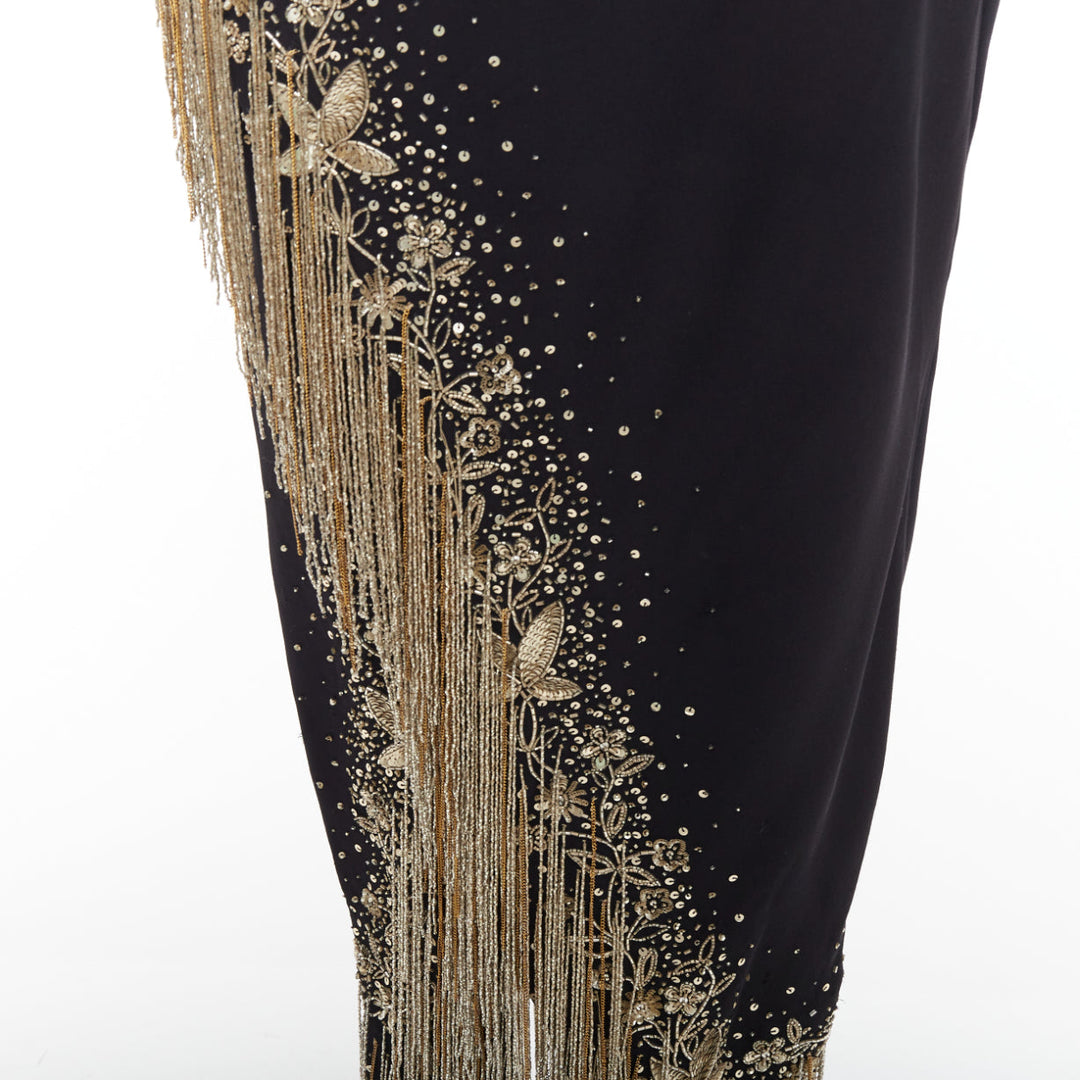OSCAR DE LA RENTA 2019 Runway black gold sequin fringe strapless dress US8 L