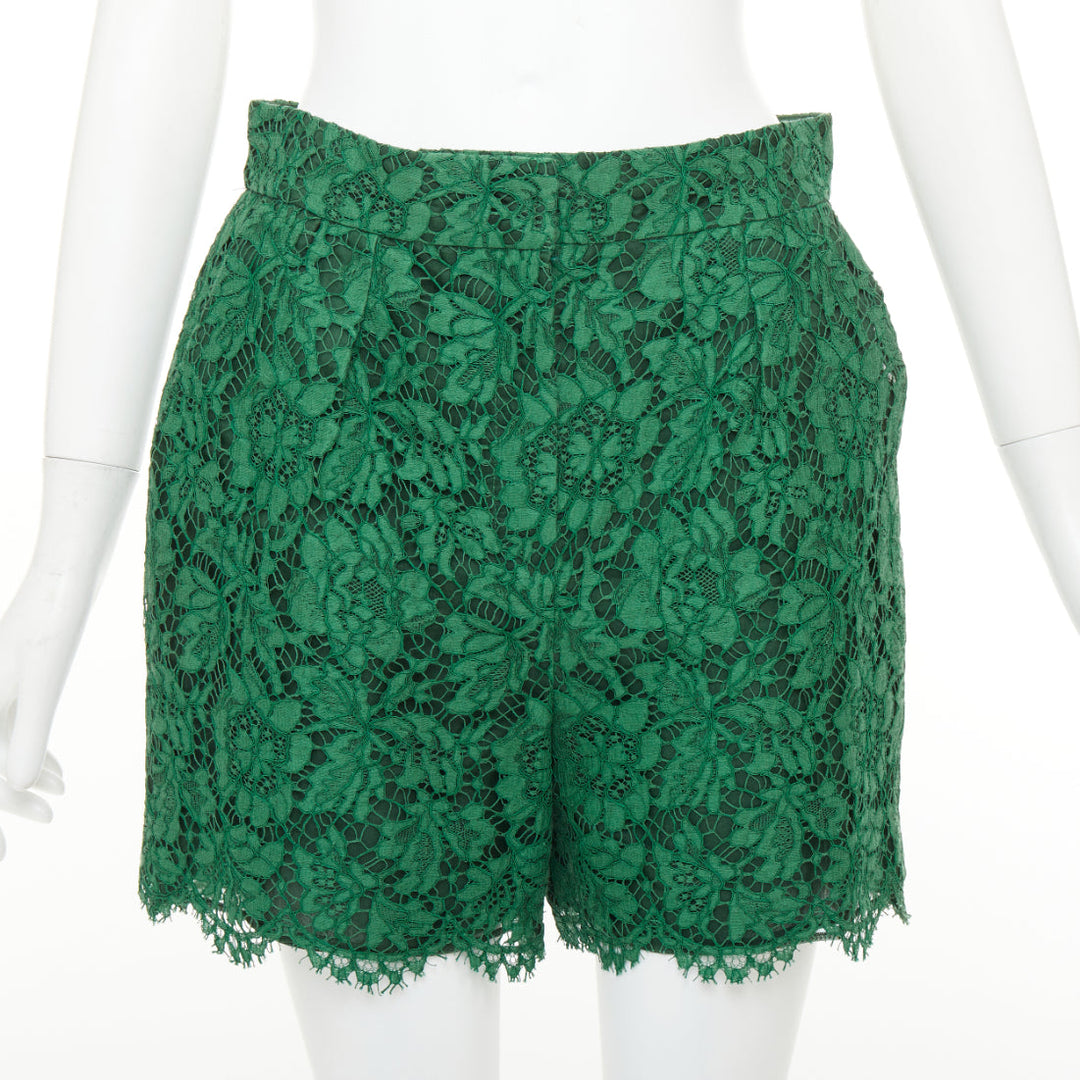 VALENTINO green floral guipure lace silk lined high waist mini shorts IT44 L
