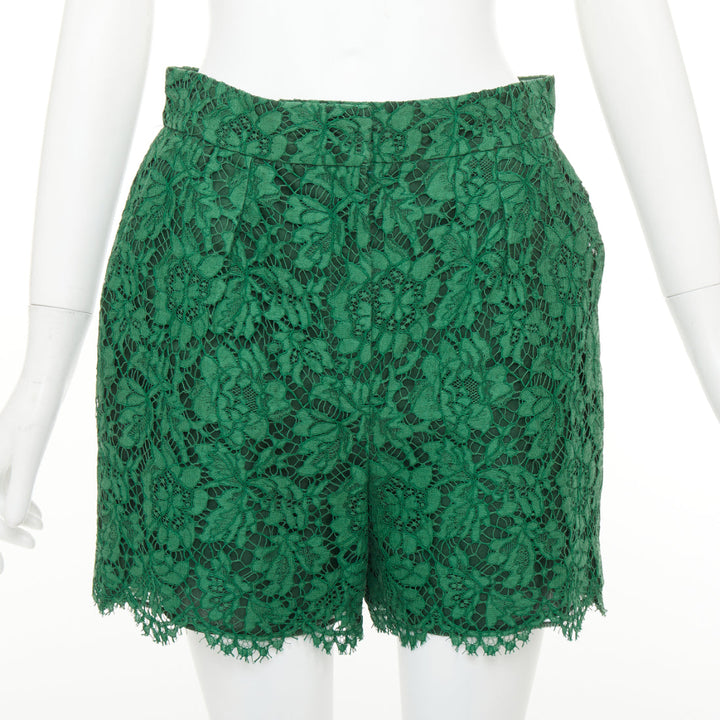 VALENTINO green floral guipure lace silk lined high waist mini shorts IT44 L