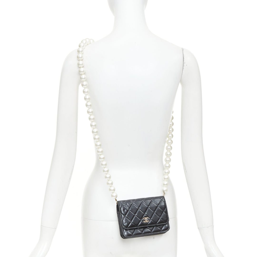 CHANEL 2020 Maxi Pearls black quilted lambskin gold hardware wallet on chain bag