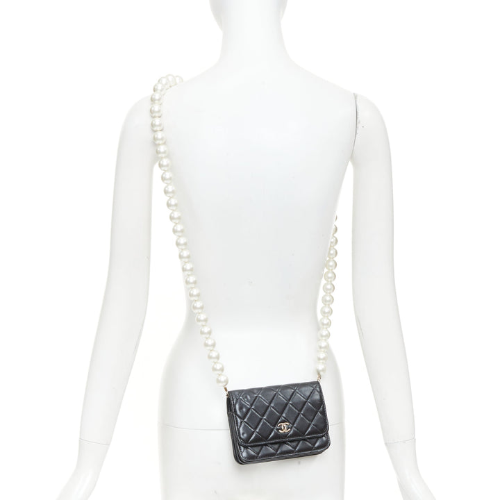 CHANEL 2020 Maxi Pearls black quilted lambskin gold hardware wallet on chain bag