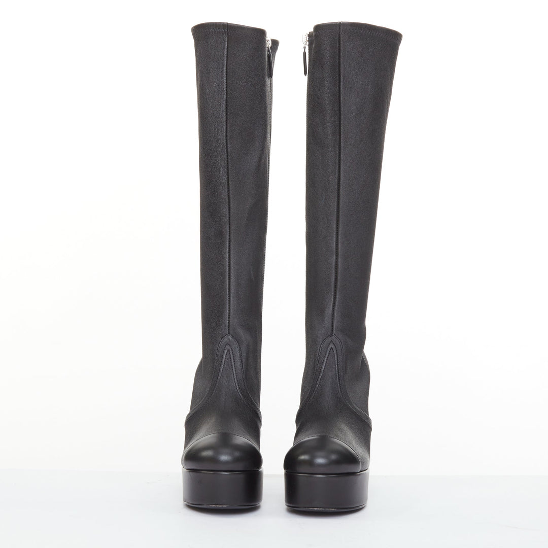 CHANEL 2024 black stretch leather cap toe platform block knee high boots EU38.5C