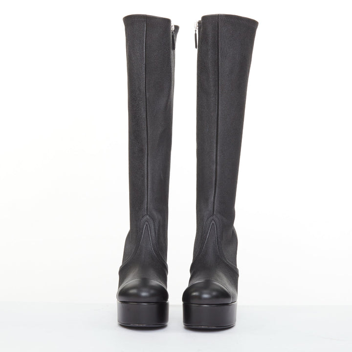 CHANEL 2024 black stretch leather cap toe platform block knee high boots EU38.5C