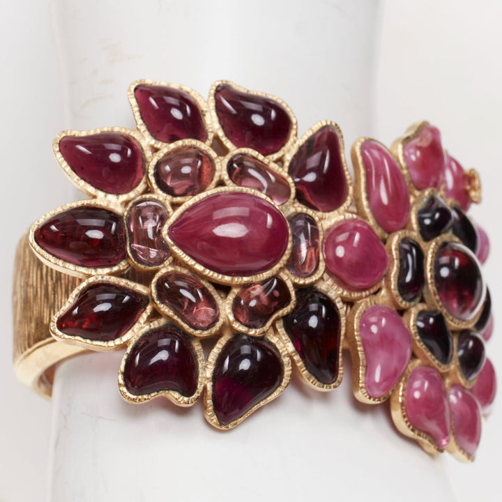 rare CHANEL 07A pink purple gripoix glass flower CC gold tone cuff bracelet