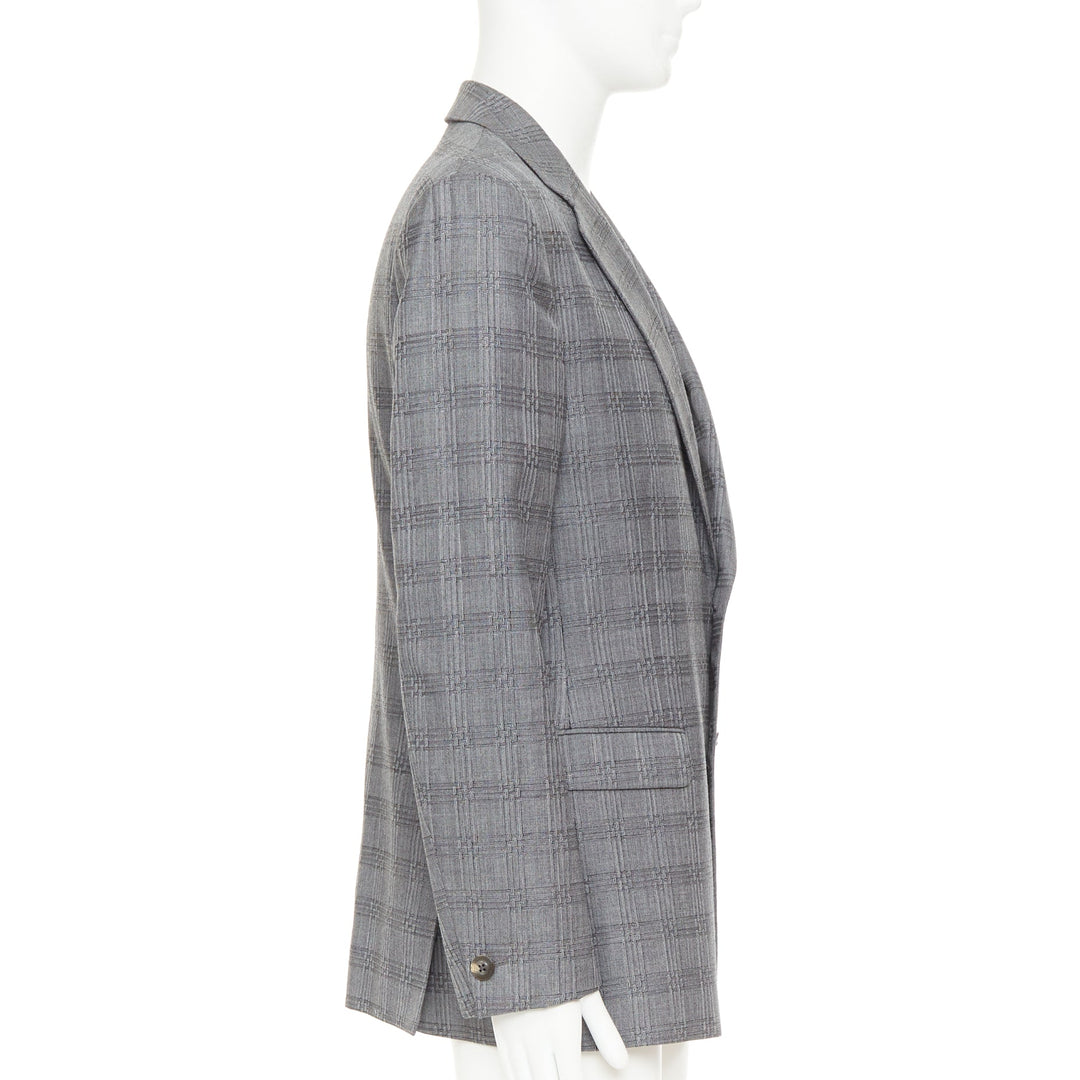VERSACE grey wool silk blend plaid checked 2 button notched lapel blazer EU50 L