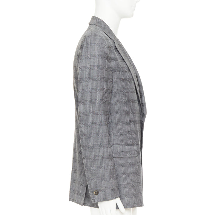 VERSACE grey wool silk blend plaid checked 2 button notched lapel blazer EU50 L