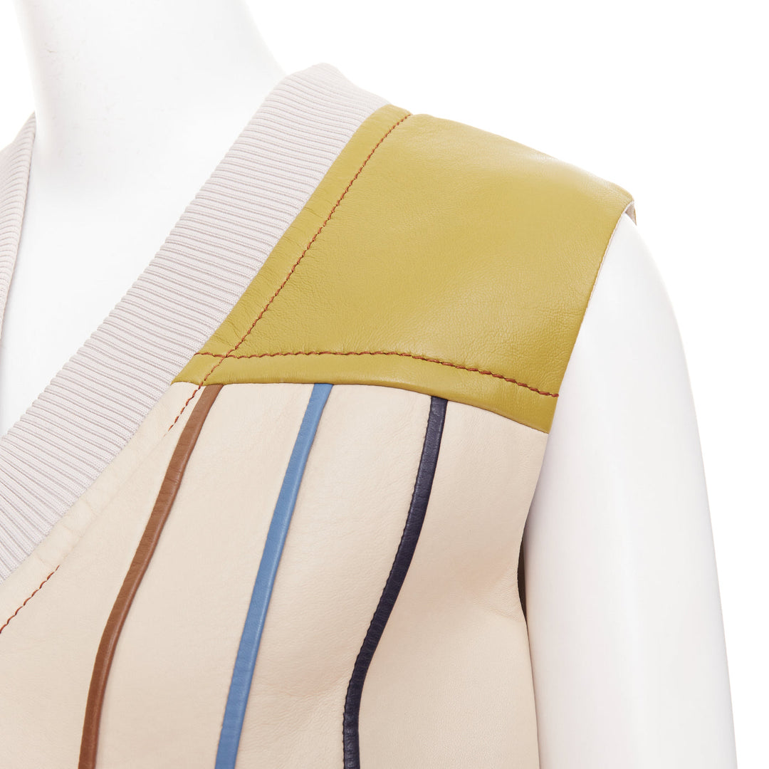 PRADA 2017 Runway leather beige colorblocked geometric sweater vest IT36 XXS