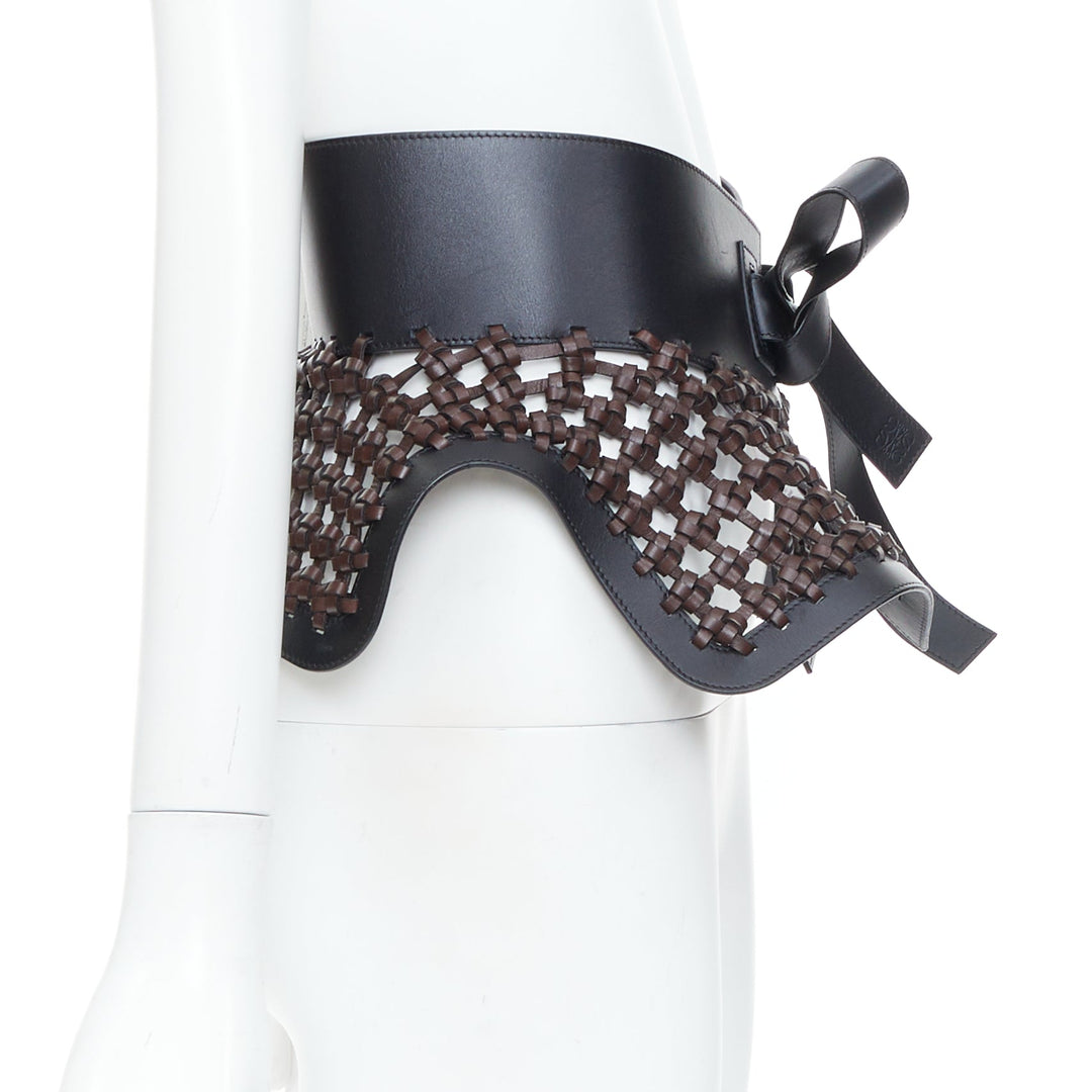 LOEWE JW Anderson black brown woven leather wide peplum Obi corset waist belt
