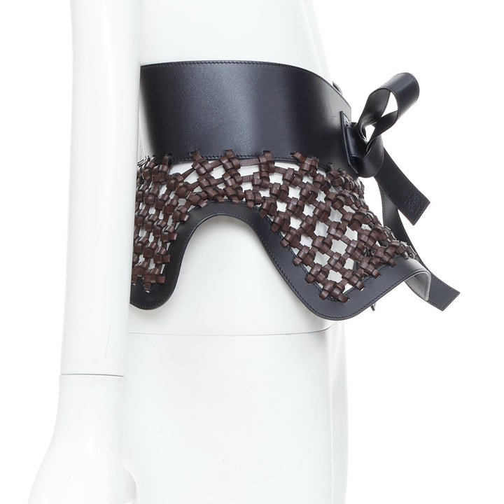 LOEWE JW Anderson black brown woven leather wide peplum Obi corset waist belt