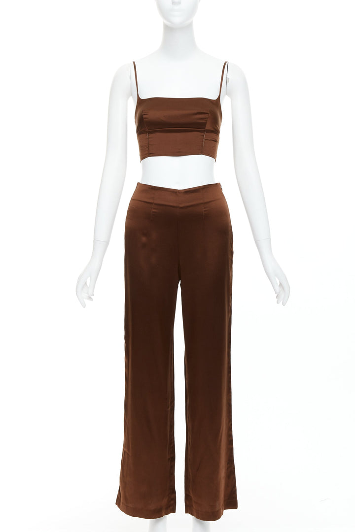 REFORMATION 100% silk brown elastic cropped top wide leg pants US0 XS