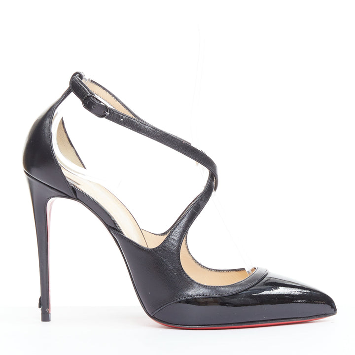 CHRISTIAN LOUBOUTIN Crissos 100 black patent criss cross strap pumps EU36