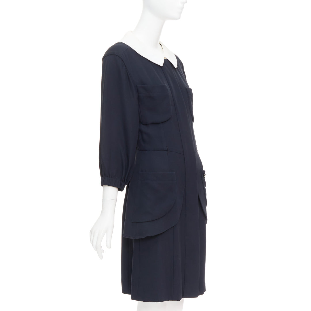 rare CHANEL 2015 Runway black silk white cotton collar trompe loeil dress FR36 S